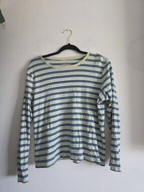 Basic Editions Green and Blue Striped Long Sleeve Tee